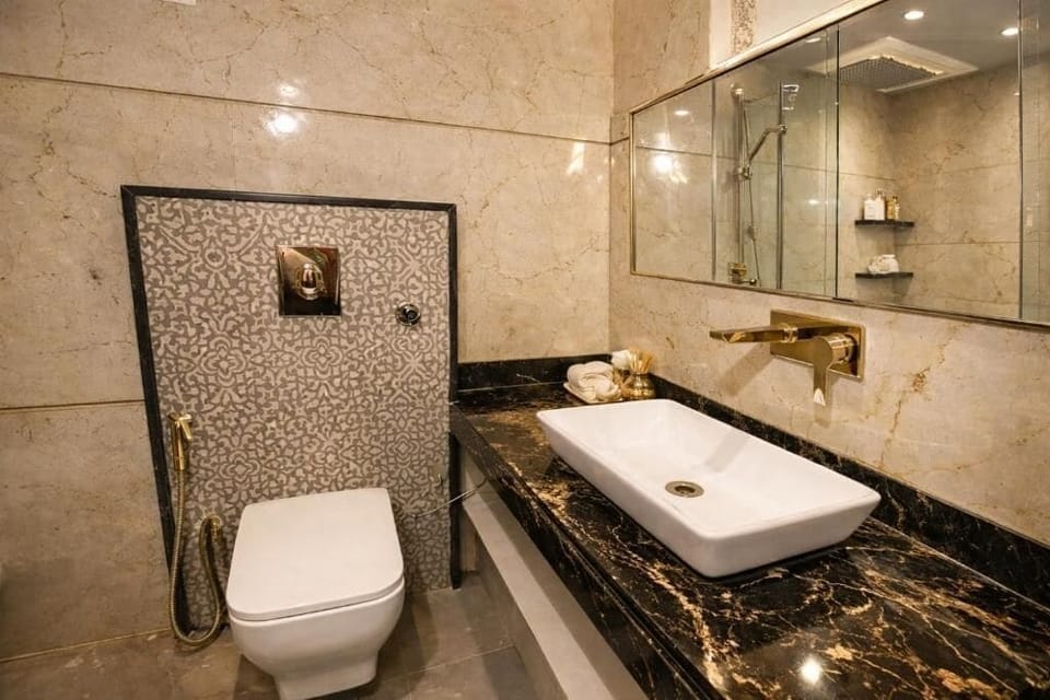 Shower, slippers, towels, soap