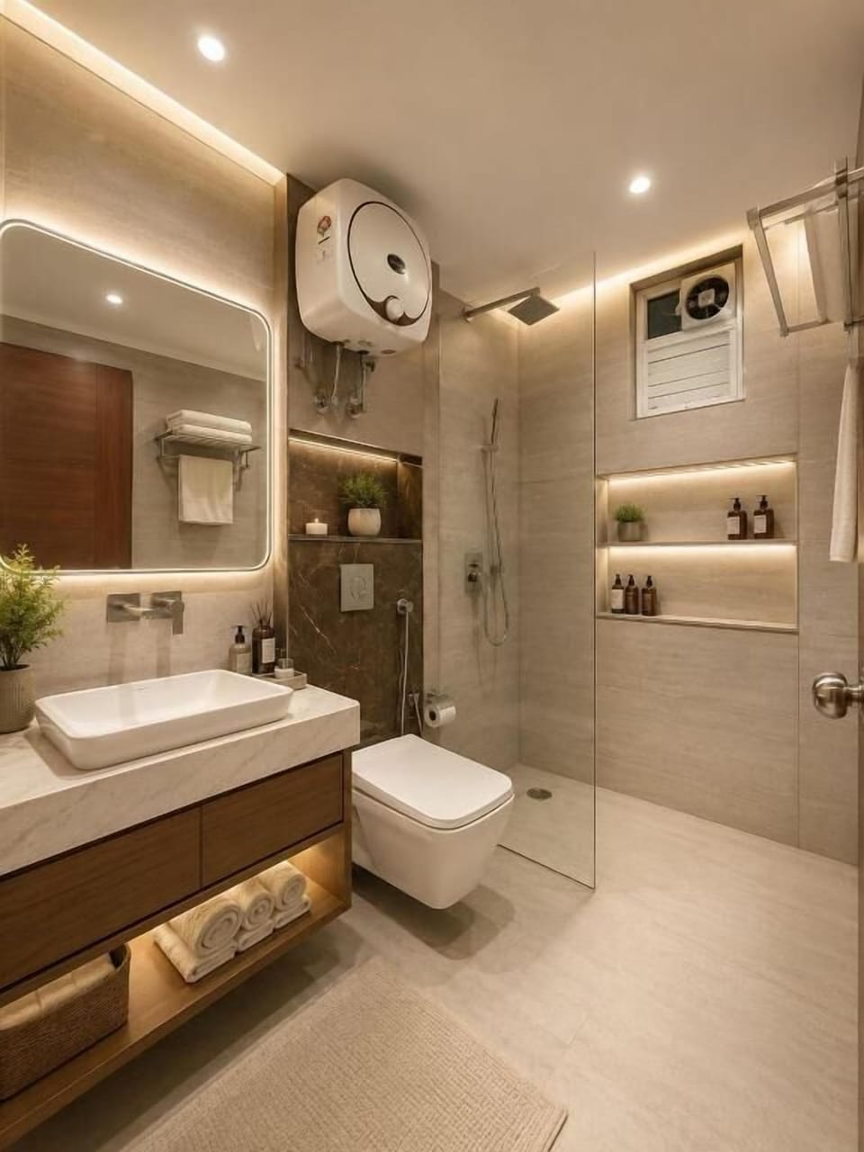 Shower, slippers, towels, soap
