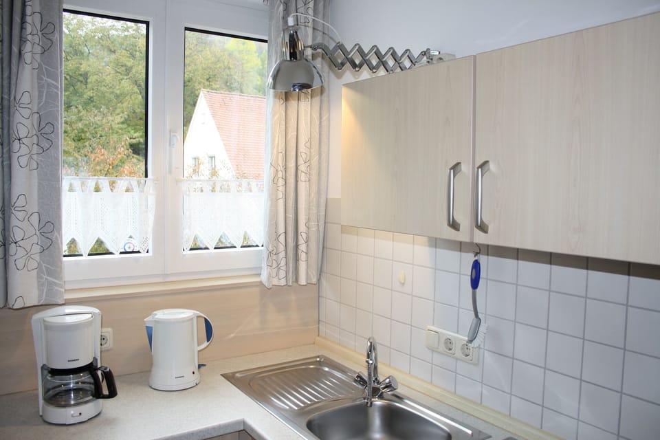 Apartment, Balcony (Dachgeschoss) | Private kitchen | Full-size fridge, microwave, stovetop, espresso maker