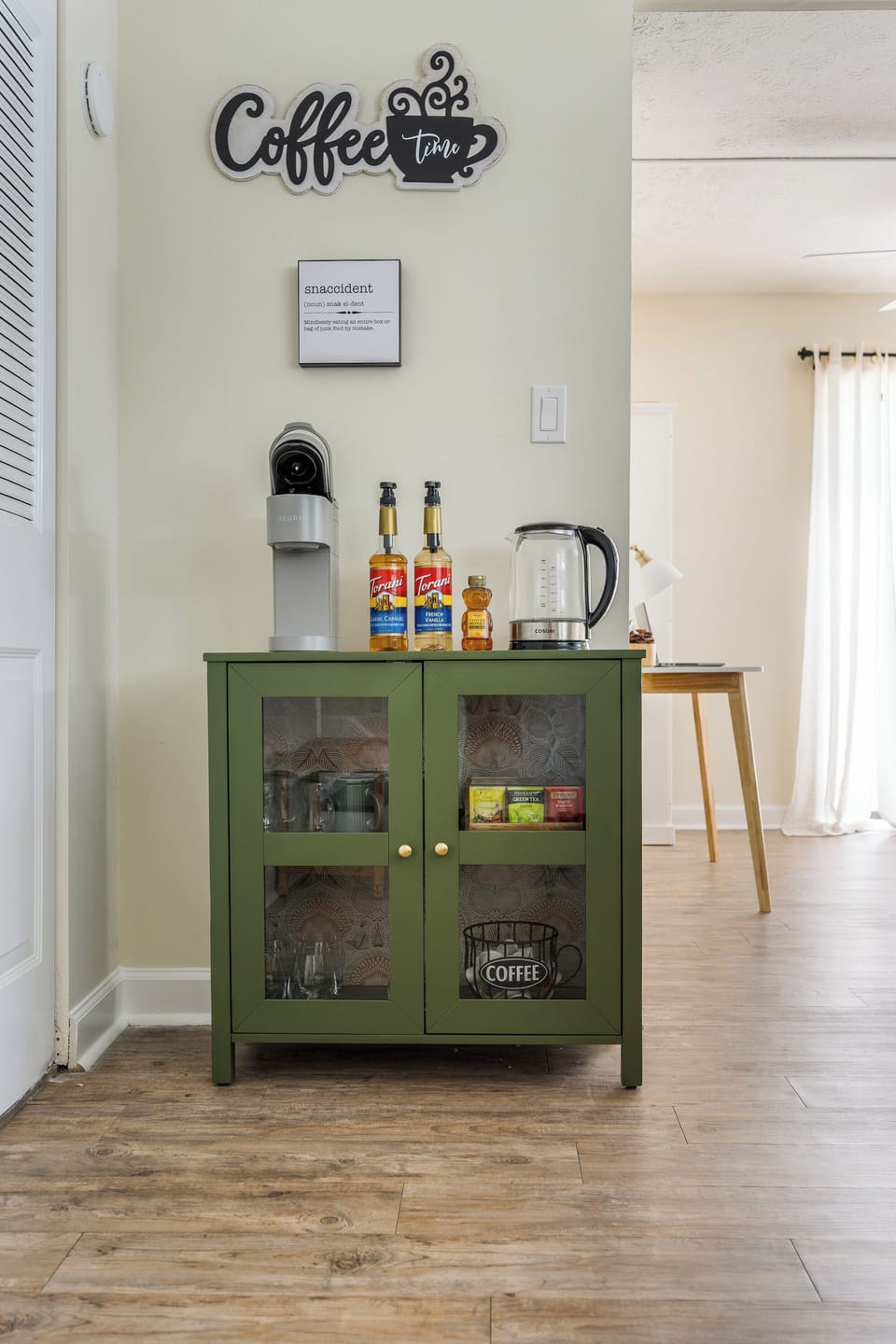 Coffee bar with Keurig, tea, hot water kettle & flavored syrups