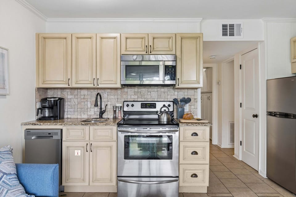 A kitchen ready for morning coffee and evening dinners