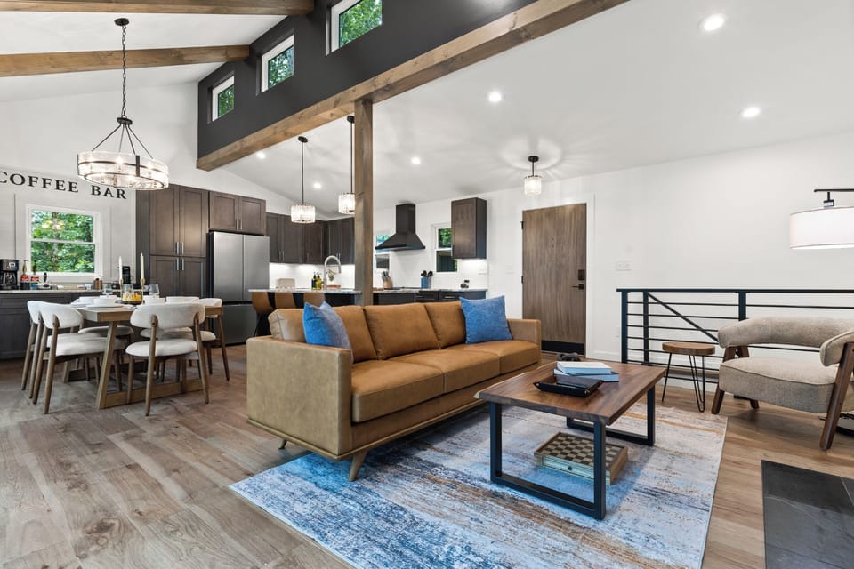 The living room flows into the dining area and kitchen for easy gatherings.