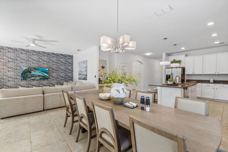 Large dining table perfect for family meals and gatherings.