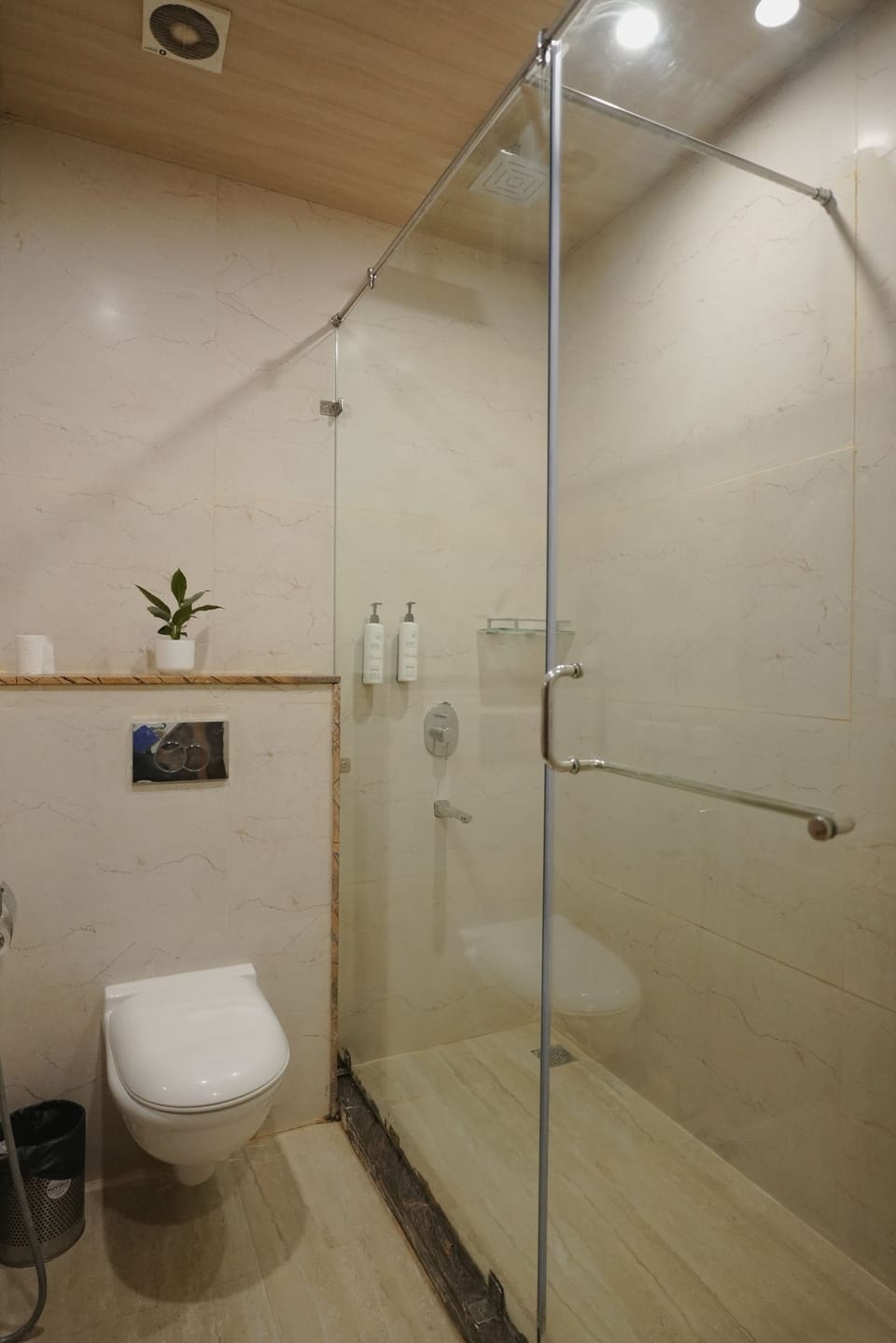 Shower, free toiletries, towels, soap