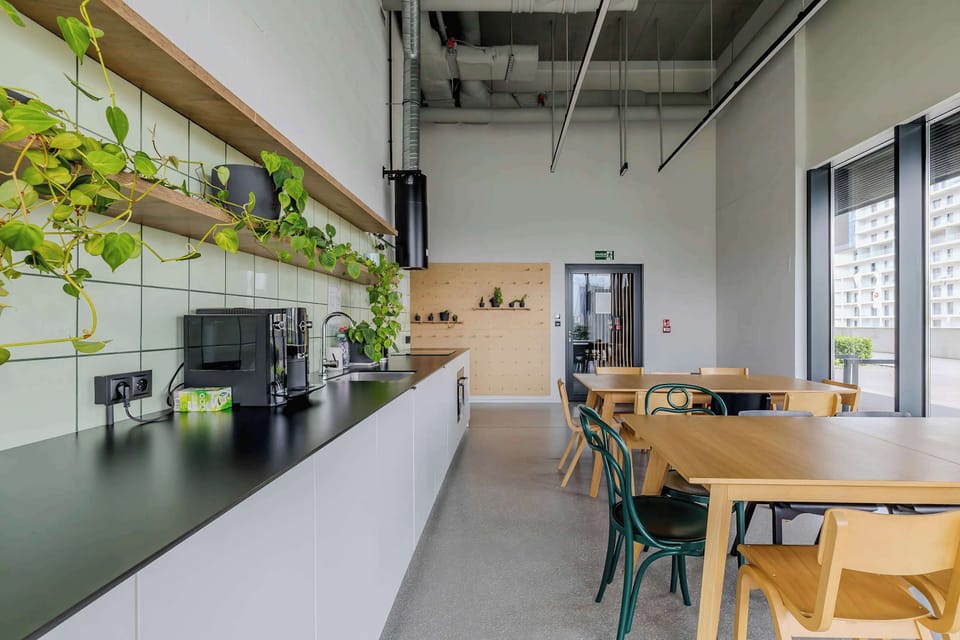 Bright shared kitchen with modern facilities and dining area for residents.