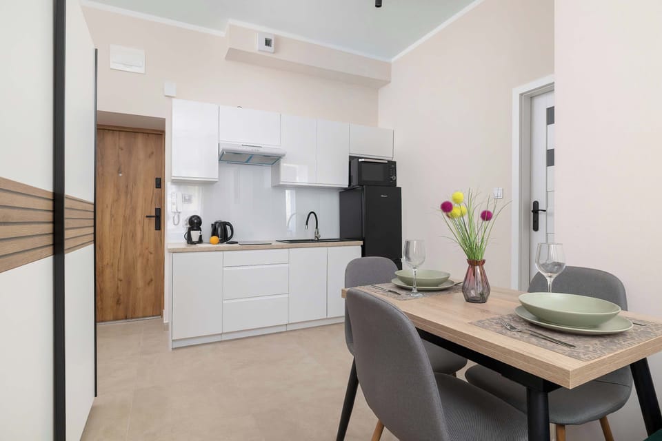 A dining table is set next to the modern kitchenette. The open-plan space is bright and functional.