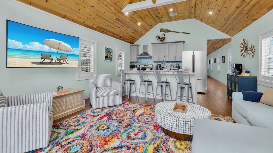 A playful mix of tropical colors gives the living area its unique character...