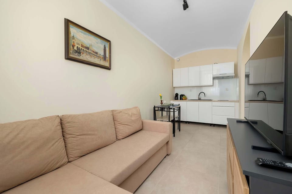 A comfortable beige sofa facing the TV, with the kitchenette visible in the background.