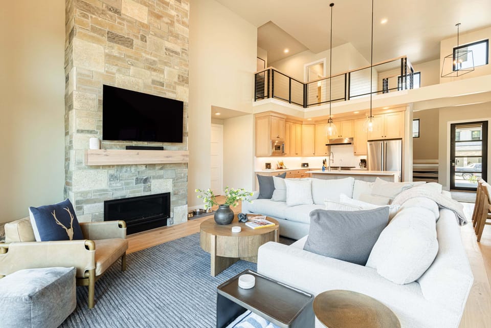 Plenty of seating around a cozy gas fireplace