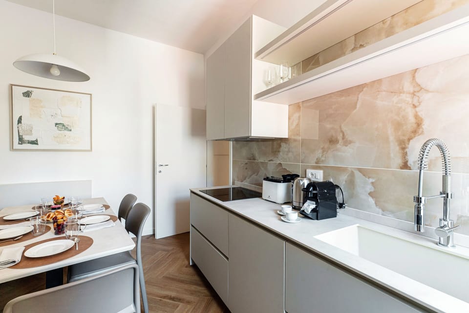Apartment | Private kitchen | Espresso maker, full-size fridge, microwave, oven