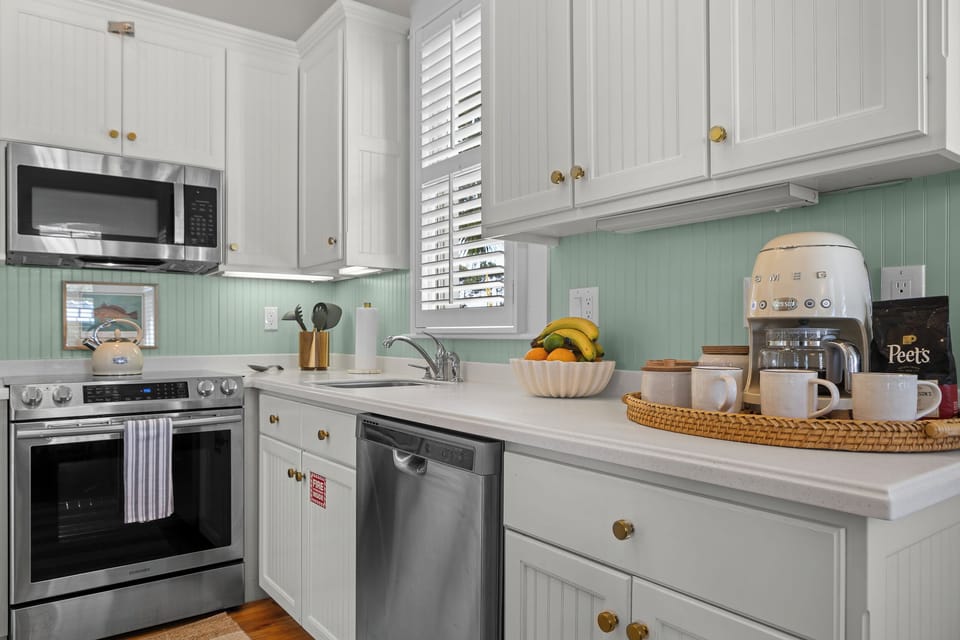 Fully stocked kitchen.