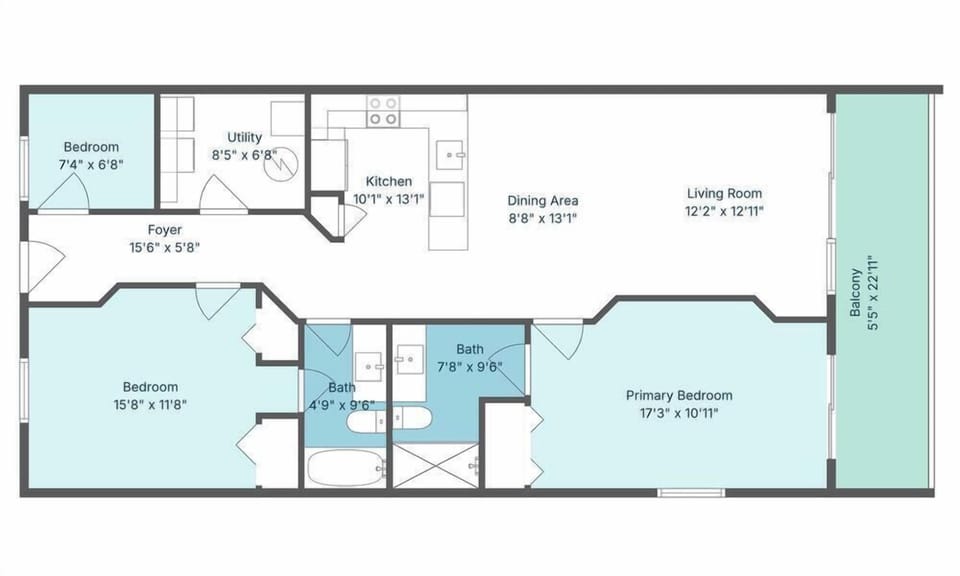 This floor plan showcases three bedrooms, an open living area, and a generous balcony where you can unwind and enjoy your stay.