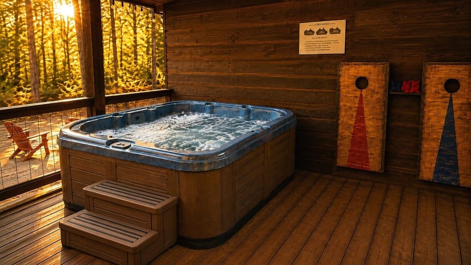 Private hot tub and cornhole on covered deck with forest sunset views