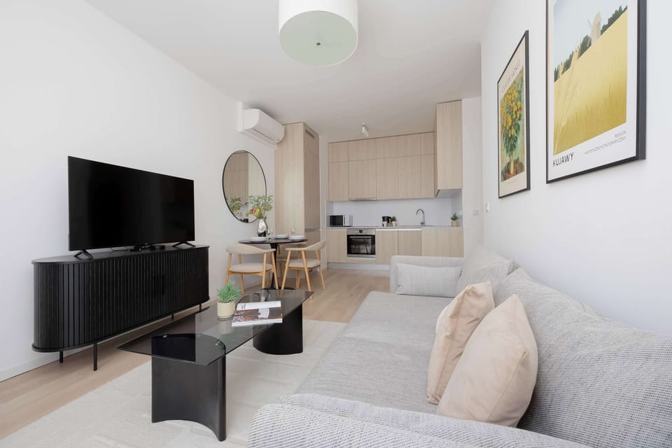 An open-concept living area displays a light grey sofa facing a black media console. Beyond the seating area lies a minimalist kitchen with light wood cabinetry. Bright, natural daylight illuminates the entire space.