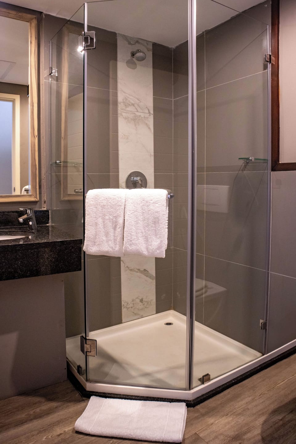 Shower, free toiletries, towels, soap