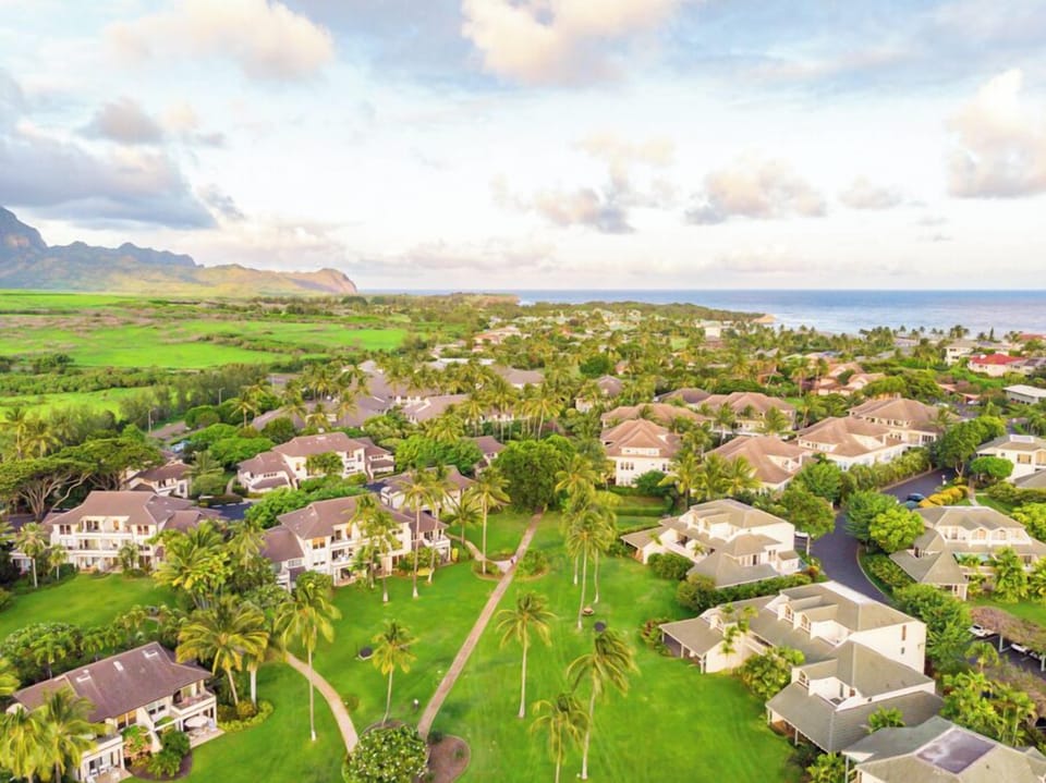 Aerial view of a residential community nestled between lush green landscapes, tropical palms, and coastal scenery, with dramatic mountains rising in the distance.