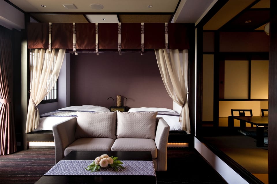 Japanese Western Style Twin Room with Japanese Futon and Private Open-air Bath, Non-Smoking | Down comforters, in-room safe, individually decorated