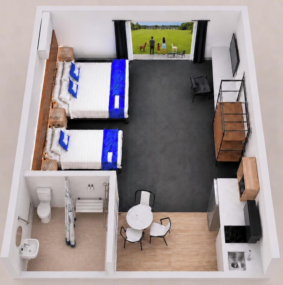 Open-plan studio with Smart TV, workspace, dining area and convenient storage.