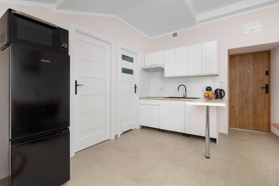 A functional kitchenette features modern white cabinetry, a large black refrigerator, and a small dining counter. The space opens up into a brightly lit room.