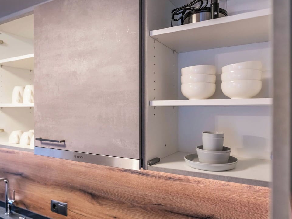 Interior Design, Cabinetry, Furniture, Flooring, Countertop, Kitchen, Home, Home Appliance, Room, Shelving