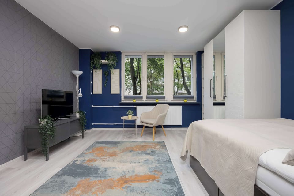 Bright studio with a double bed, TV, desk, and large windows providing plenty of natural light.