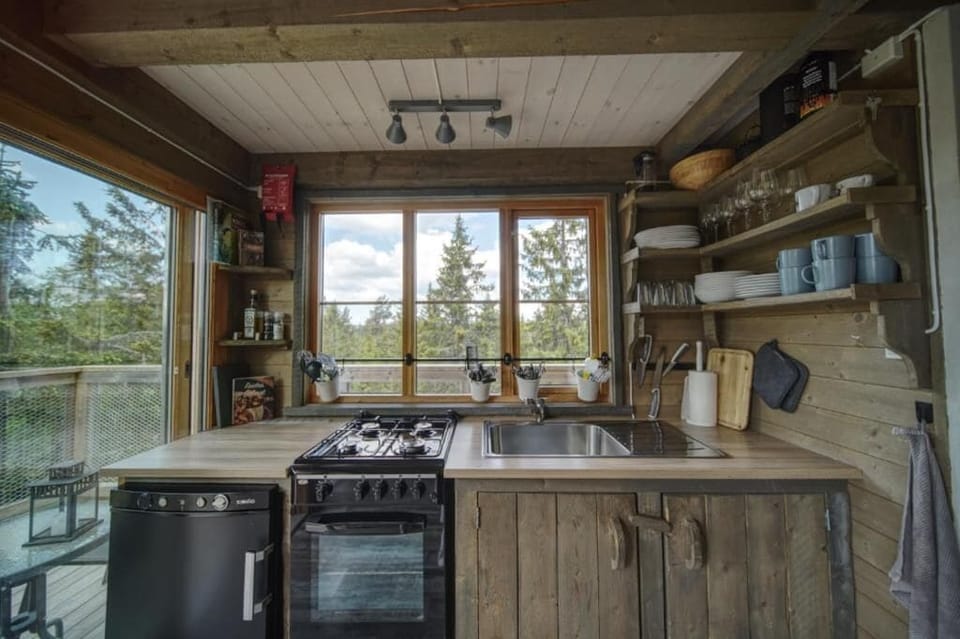 Coffee/tea maker, fridge, oven, stovetop