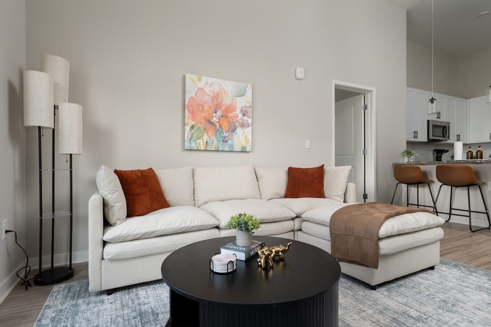 Spacious, airy living room with high ceilings