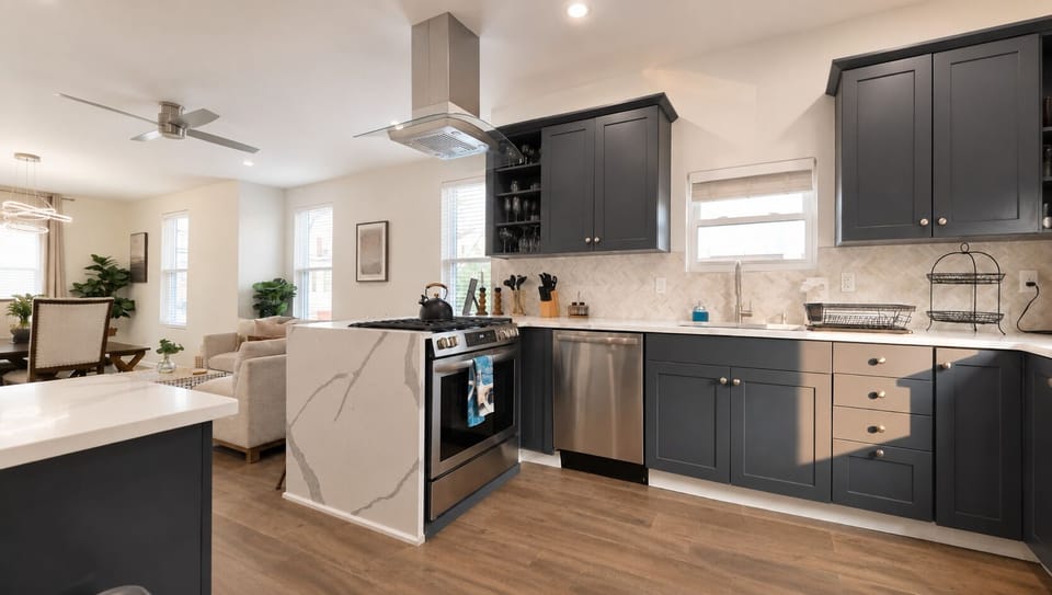 Bright open kitchen with waterfall island and stylish modern finishes