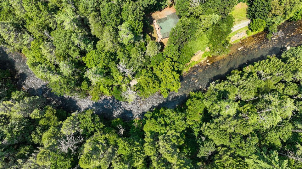 A bird's-eye view showcases Rushing Waters nestled along the river beneath a canopy of trees