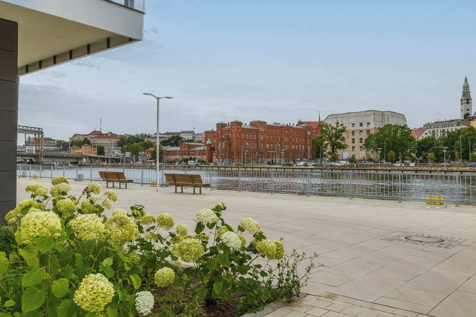A waterfront promenade is lined with flowers and offers beautiful river views. It is an ideal place for a relaxing walk.
