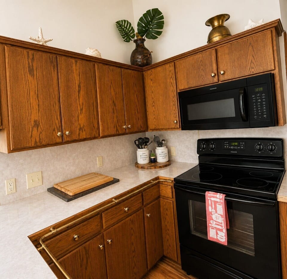 Fully equipped kitchen with generous counter space for easy meals at home.