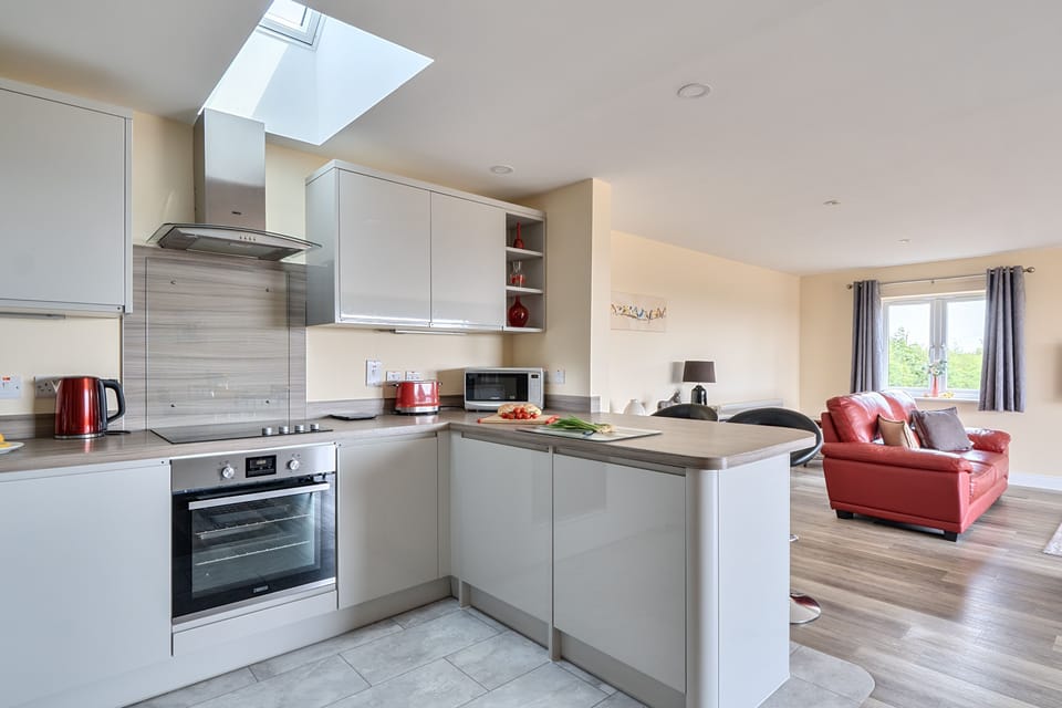 The Donkey Shed, Alweston, Sherborne: A microwave and electric oven and hob are provided for cooking meals