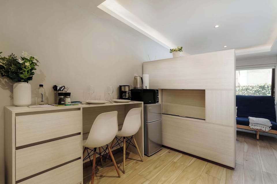 Dining area with ample storage.