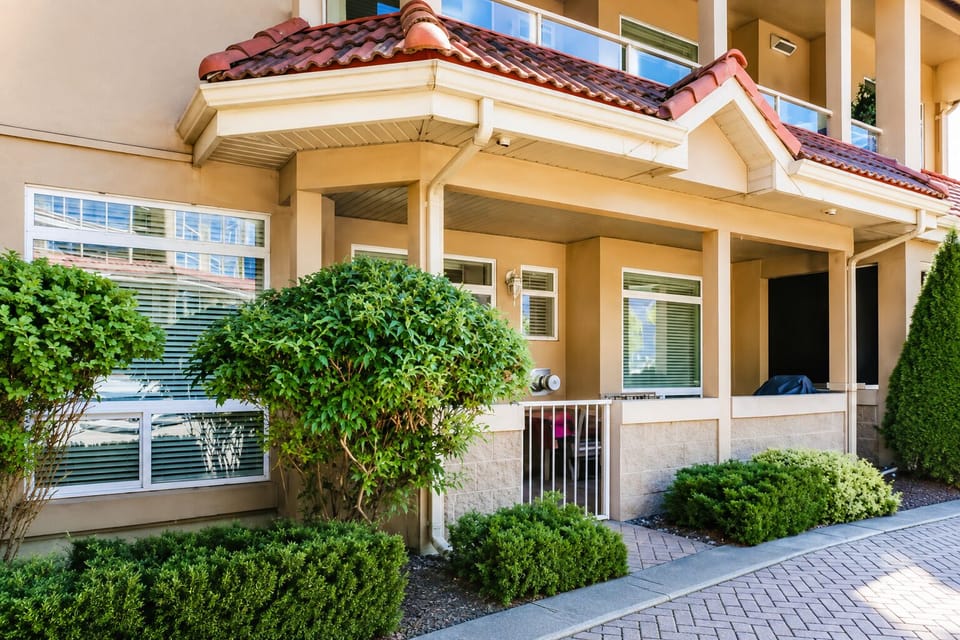 summer, outdoor, property exterior, property entrance from terrace promenade, patio for townhouse 