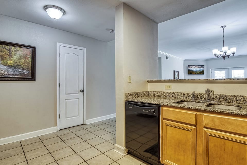 Granite countertops, cabinets.  tile floor.  door.  TV.  River art.  Chandelier.