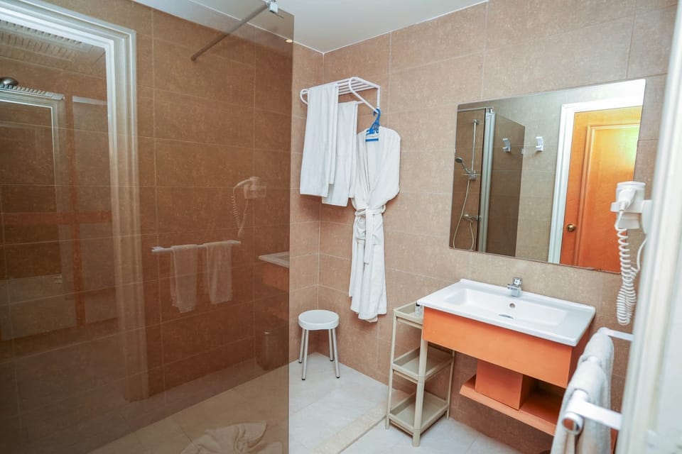 Hair dryer, towels, soap, shampoo