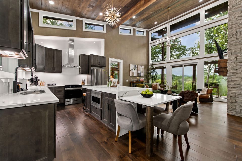 From the kitchen island to the mountain views beyond, every sight feels beautifully curated.