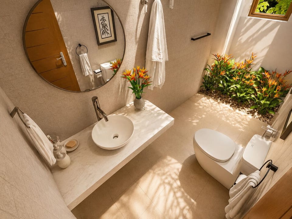 Shower, hair dryer, towels, toilet paper
