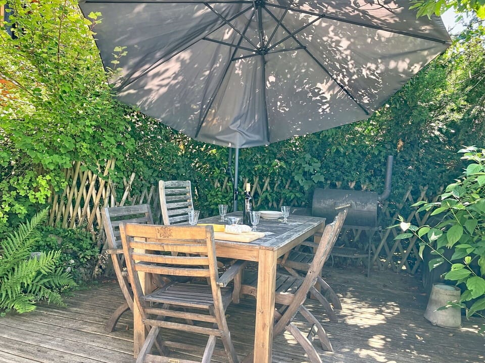 Furniture, Umbrella, Wood, Outdoor Furniture, Table, Chair, Outdoor Table, Flowerpot, Garden, Wood Stain