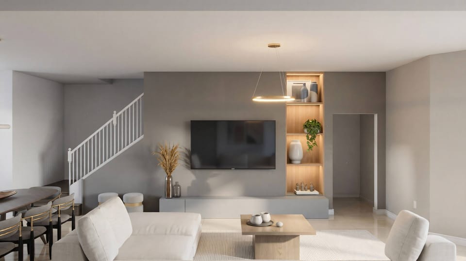 This stylish living area boasts a cozy white sectional and natural wood coffee table, enhanced by soft lighting that showcases decorative shelving, creating an inviting space for relaxation and connection.