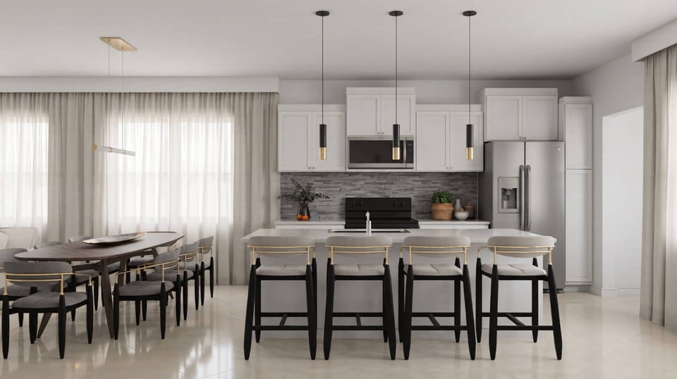 This bright kitchen boasts sleek white cabinetry and modern black accents for a stylish touch. The elegant dining area, filled with soft natural light through sheer curtains, creates a warm ambiance perfect for gatherings.