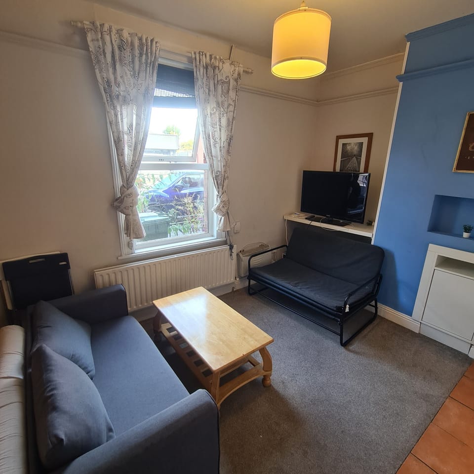 Cozy lounge with sofa bed, TV, and bright garden-facing window
