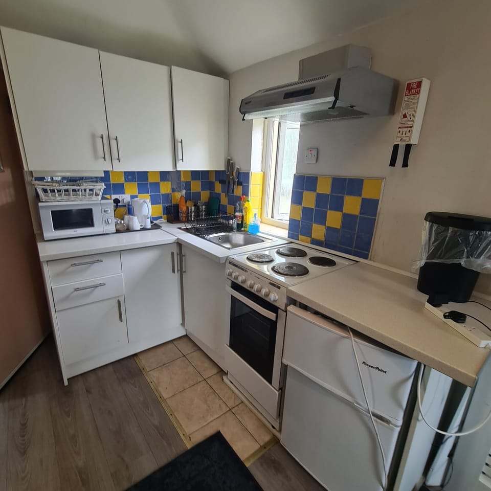 Bright, fully equipped kitchen with oven, microwave, and full-size fridge
