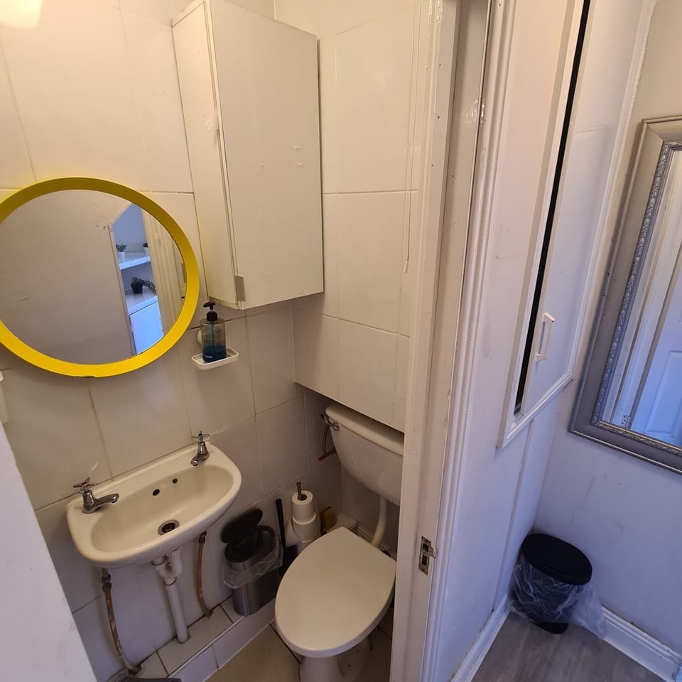Bright, compact bathroom with mirror, sink, and essential amenities