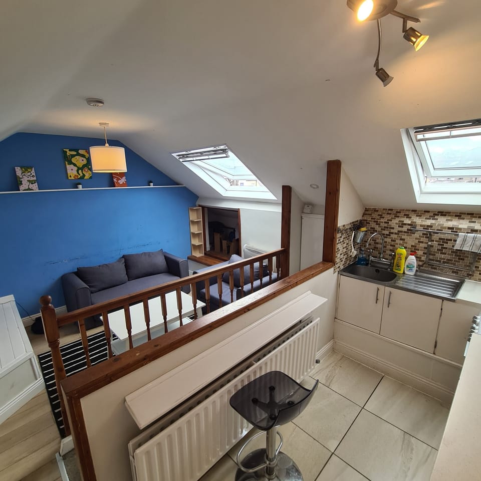 Bright split-level studio with kitchenette, lounge, and natural light