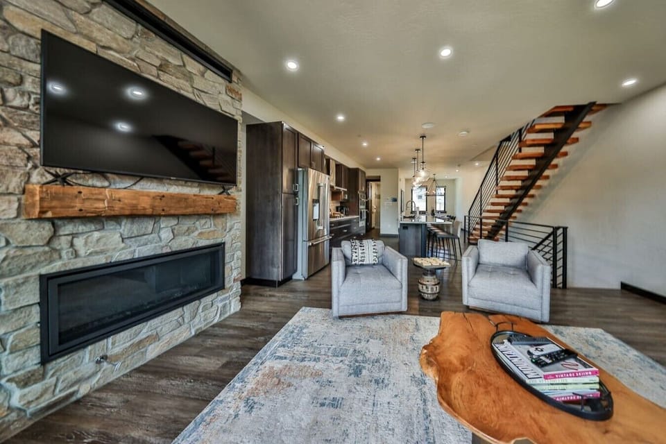 Living room with fireplace and smart tv