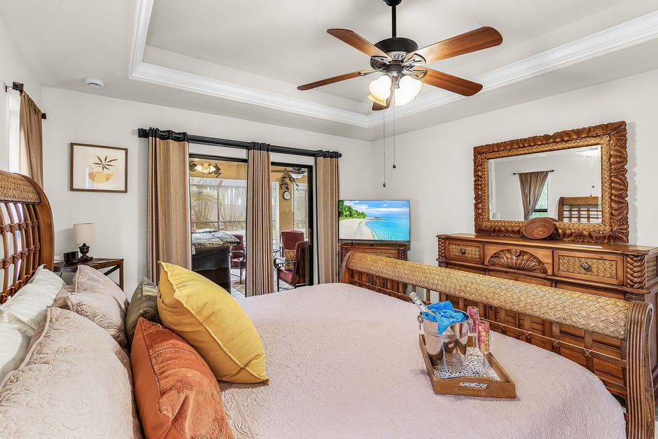 The primary bedroom has a TV available as well