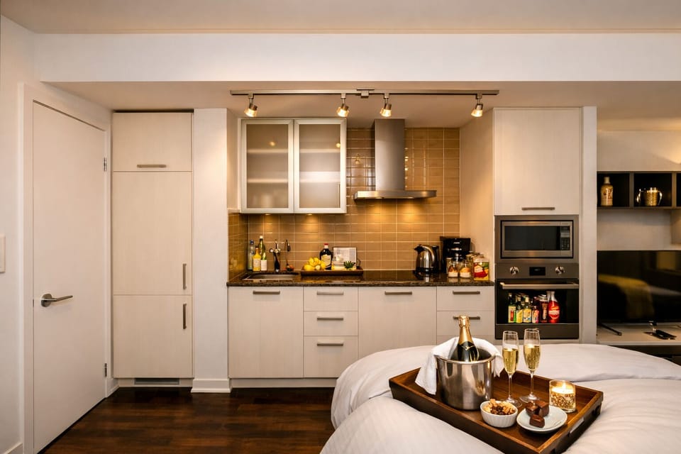 Standard Studio Suite, City View | Private kitchen | Fridge, microwave, oven, stovetop