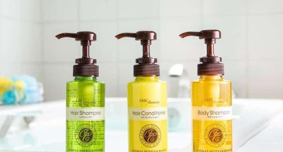 Combined shower/tub, free toiletries, hair dryer, slippers