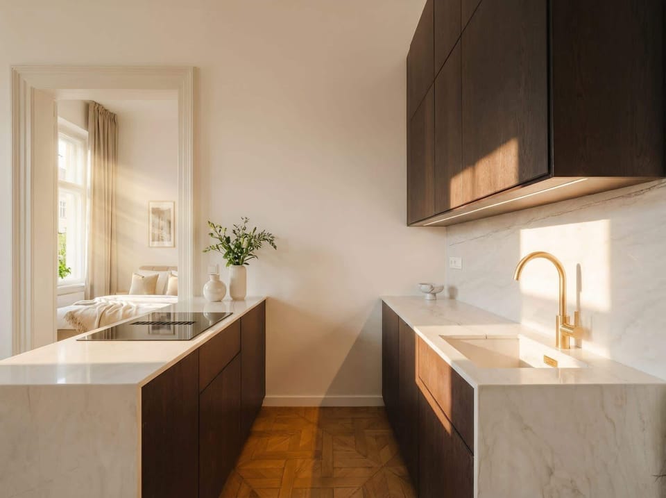 Stylish open-plan living and dining area with premium finishes and a fully equipped modern kitchen.